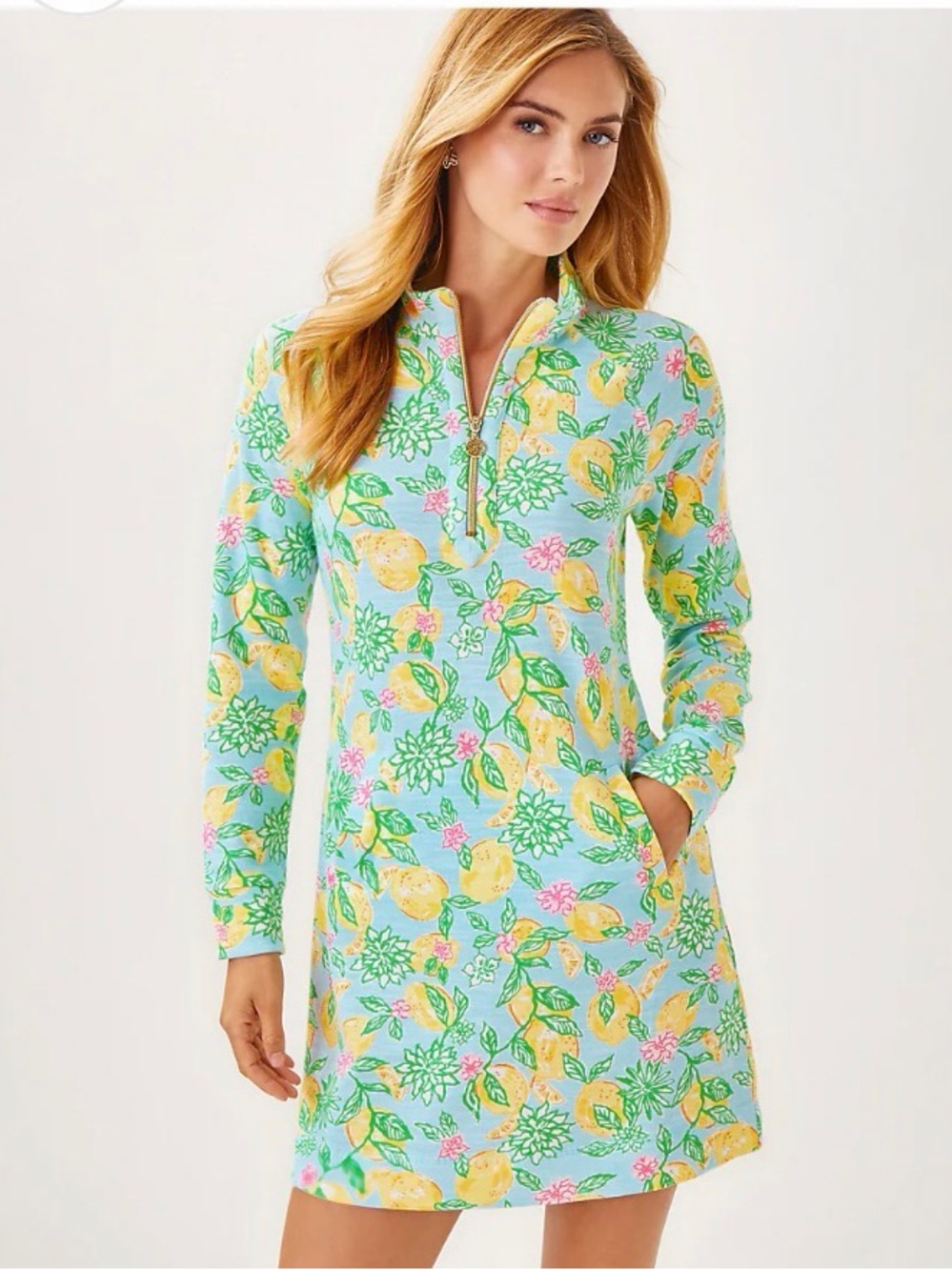 Lilly Pulitzer Aqua Lemon & Floral Quarter-Zip Shift Dress - Picture 1 of 6